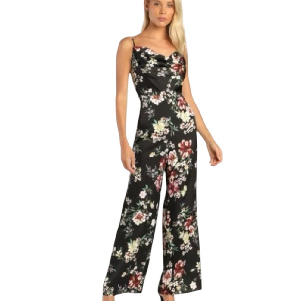 LULUS ALLURING LOOK BLACK FLORAL WIDE LEG JUMPSUIT BLOOMCORE FRENCH GIRL NWT M